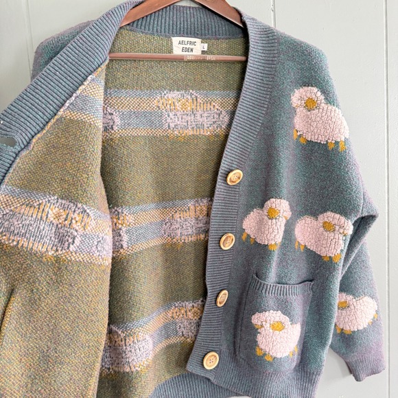 Aelfric Eden Vintage Lamb Knit Cardigan Sweater Flocked Sheep Cottagecore L - Picture 7 of 9